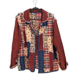 Patchwork Jacket L Womens Boho Fraying Fleece Grammacore Cozy Collared Unique